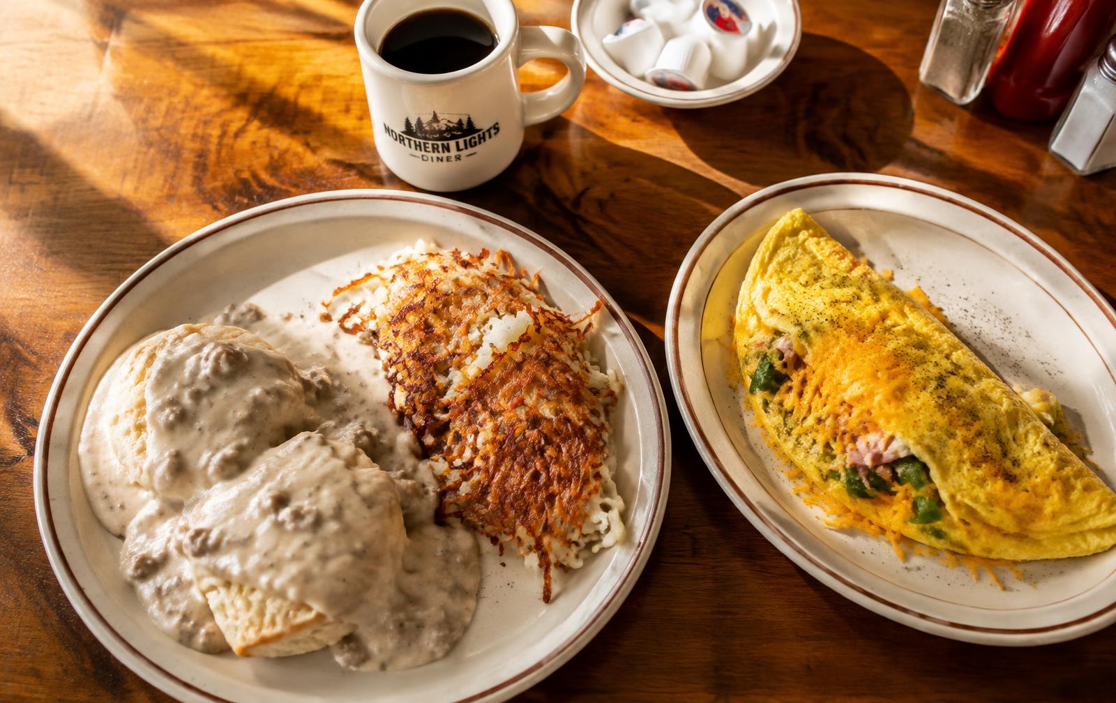 Biscuits and gravy, hash browns and an omelet